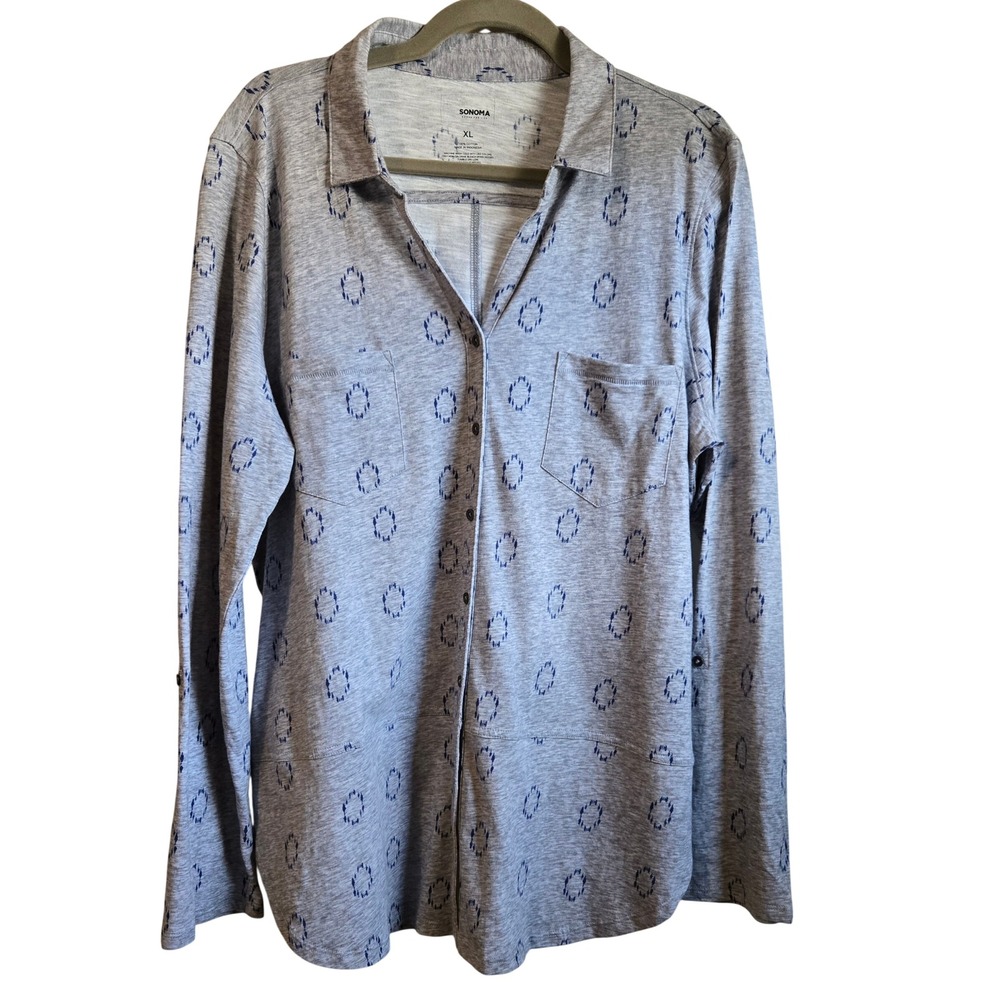 Sonoma Goods For Life Womens XL Grey Blue Circle Print Cotton Button Up Tunic